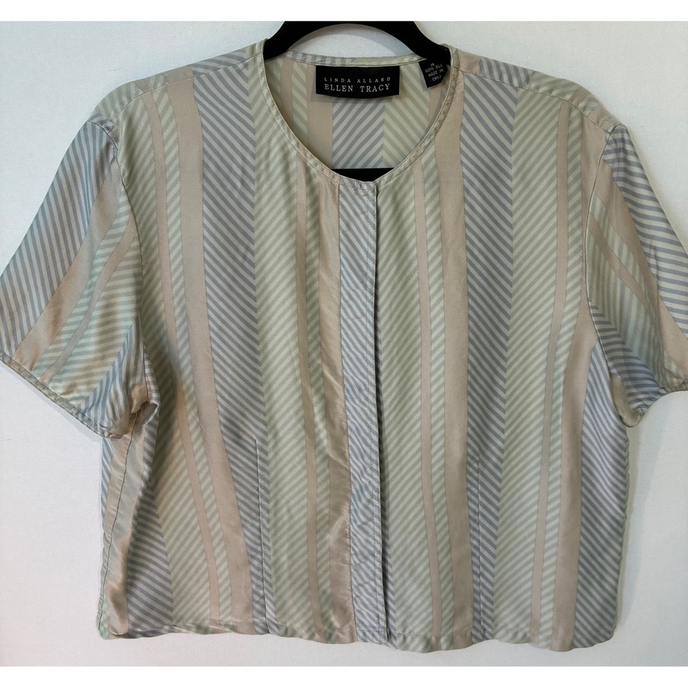 Linda Allard Ellen Tracy Silk Striped Blouse Retro Womens 14 Blue Tan Excellent